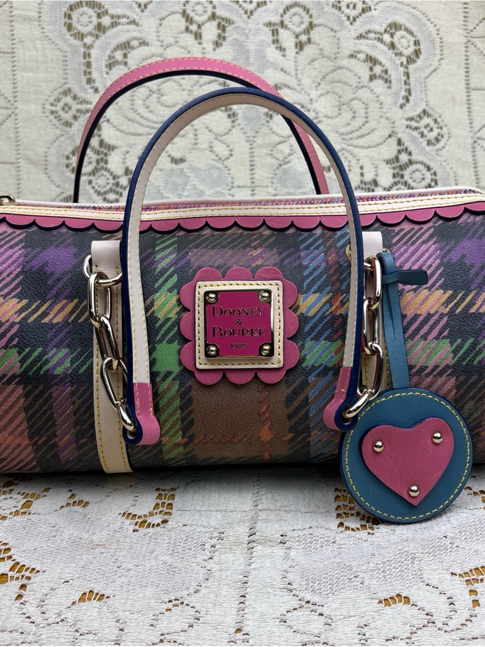 Dooney & Bourke Plaid Coated Canvas Barrel Bag Multicolor Scalloped Trim Satchel